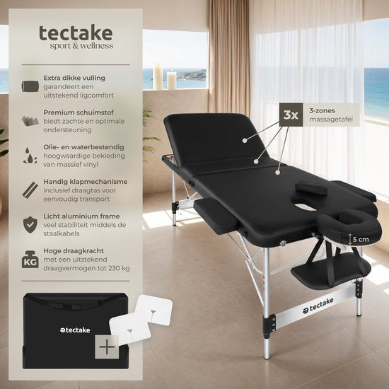 tectake 3 Zonen Massageliege - Behandlungsliege inkl. Tragetasche - 5 cm starke Polsterung - Aluminiumrahmen - 78 cm breit - 230kg Belastbarkeit - Inkl. 15 Kopfstützen - Schwarz