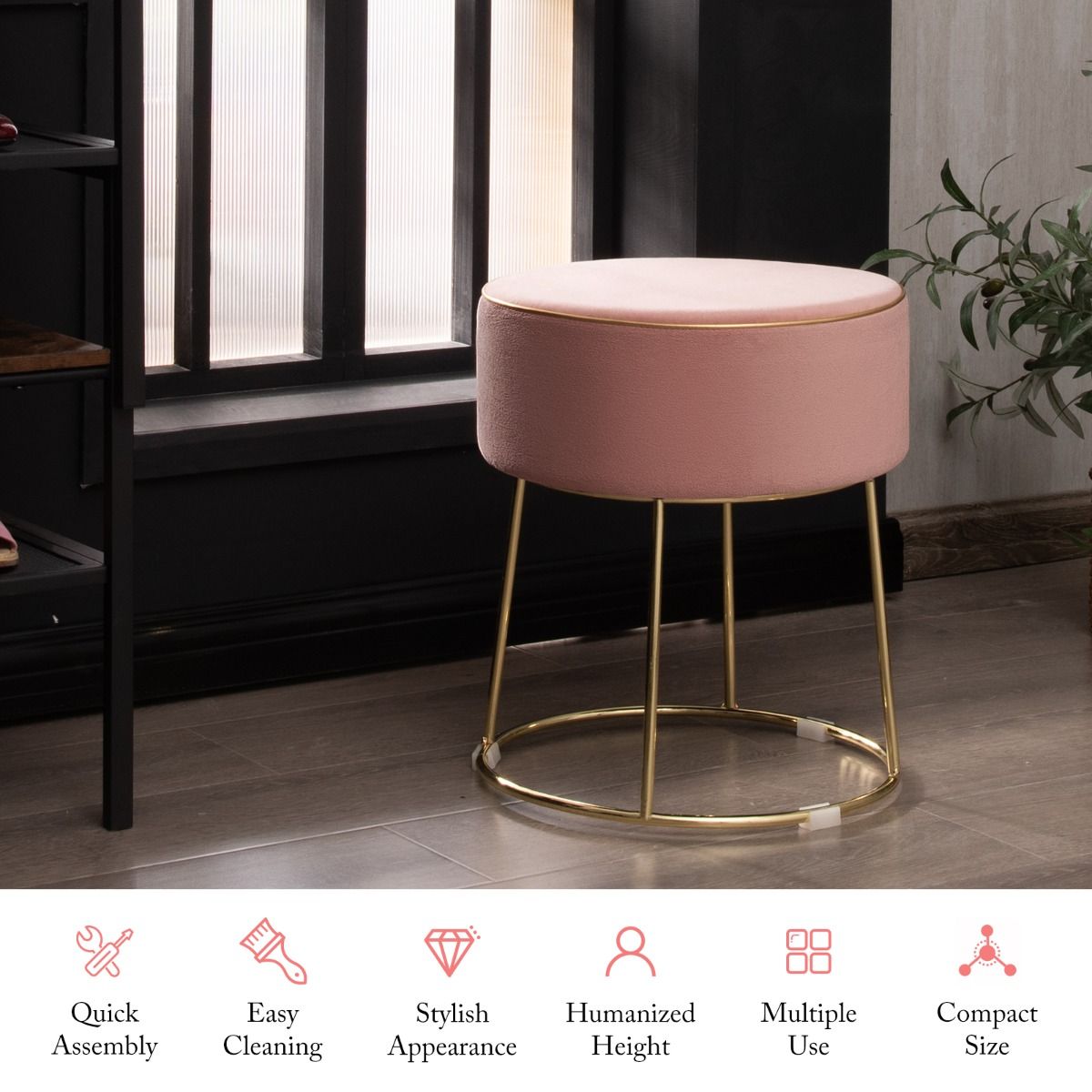 Coast – Runder Samt-Hocker mit Metallbeinen – Gepolsterter Make-up-Hocker – Belastbar bis 150 kg – 34 x 34 x 41 cm – Rosa