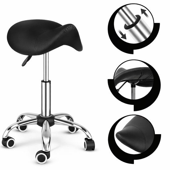 Bayt Sattelhocker - Sattelstuhl - Barbierhocker - Sattelhocker auf Rollen - Tabouret - Höhenverstellbar - Schwarz