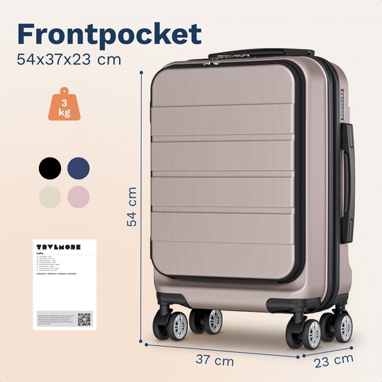 TRVLMORE Reisekoffer – 54 x 37 x 23 cm – Mit Frontfach – 44 l – TSA-Schloss – 4 Rollen – Roségold