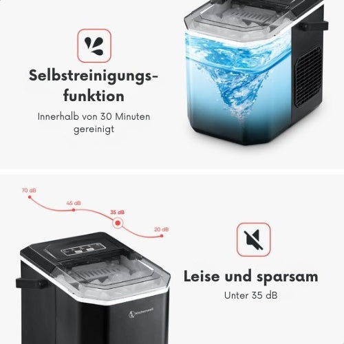 Kitchenwell - Eiswürfelmaschine - 1.3L - 6min - Selbstreinigungsfunktion - Tragbar - Schwarz