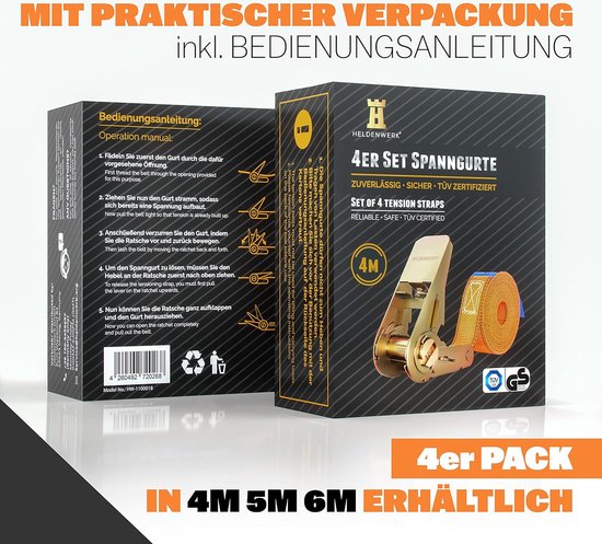 4 Stück Ratschengurte, in 4 m, 5 m oder 6 m, Ratschengurte, TÜV/GS-geprüft, mit Doppelnaht, Zurrgurte, wetterfest und robust