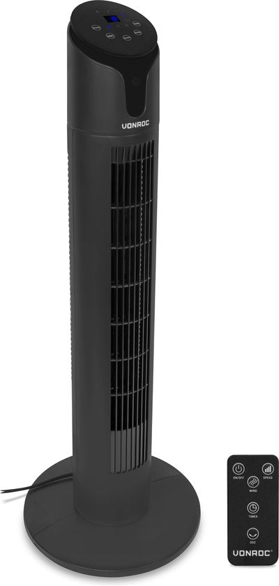 VONROC Luxury Fan - Turmventilator - Höhe 86 cm - Inkl. Fernbedienung - 3 Geschwindigkeiten - Schwenkfunktion - 15-Stunden-Timer - Schwarz