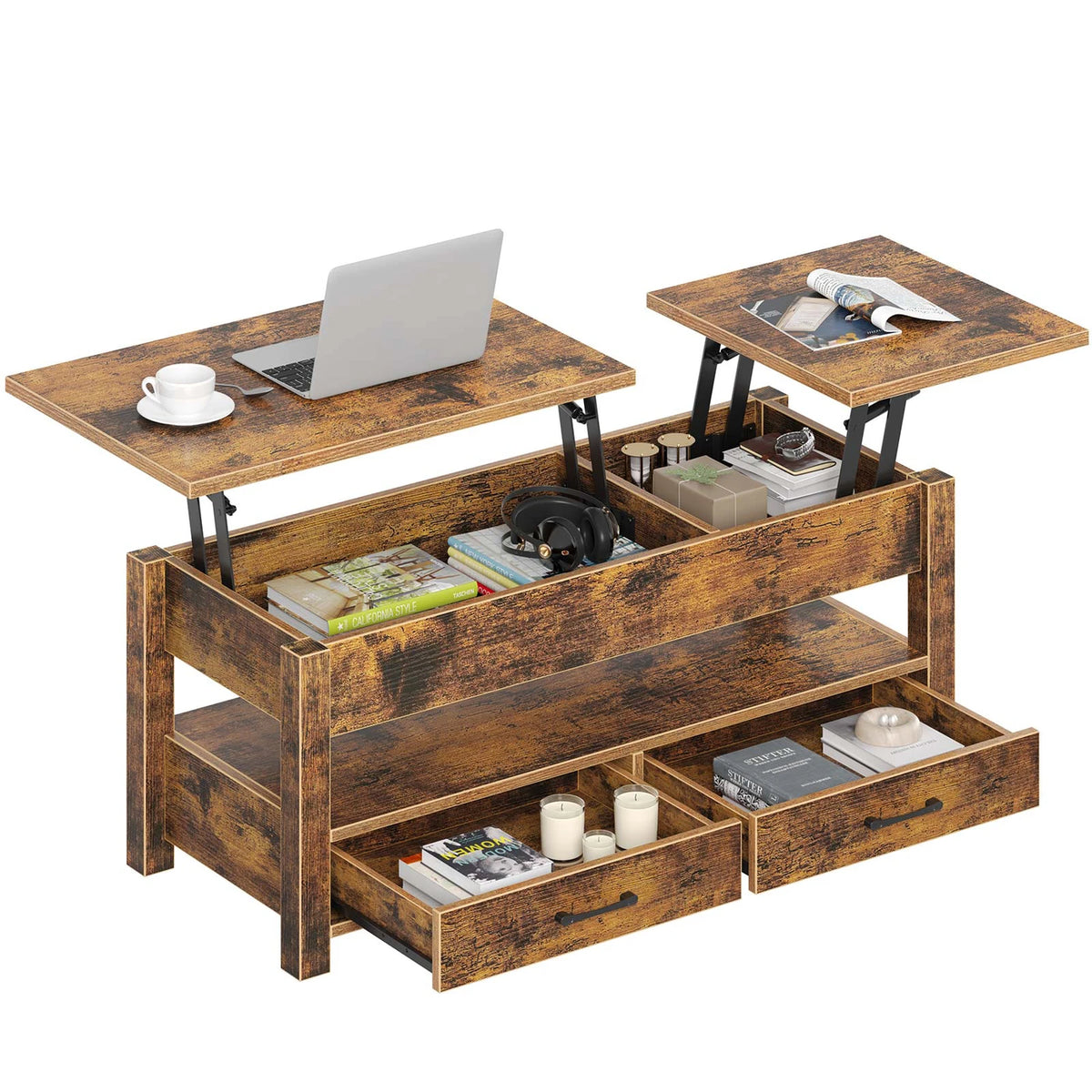 Rolanstar Couchtisch, höhenverstellbar – Dunkelbraun – 100 x 50 x 48 cm – Mit Schubladen, Stauraum