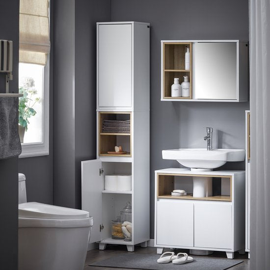 SoBuy BZR147-W Badezimmerschrank - Weißer Hochschrank mit 2 Türen & Fächern