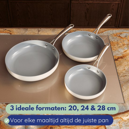 Safecourt Kitchen 3-teiliges Bratpfannen-Set aus Keramik - Ø 20, 24, 28 cm Pfannen - Induktion, Elektro, Keramik & Gas - PFAS & PTFE frei