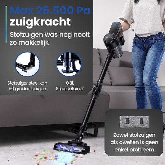 Saaf G90 Stabstaubsauger mit Wischfunktion - 8-teiliges Set mit biegbarem Griff - 26.500Pa - Staubsauger ohne Beutel - 200W - Kabellos - Schwarz