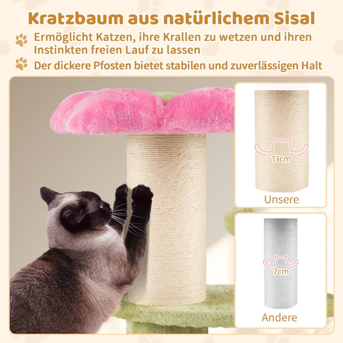 Coast Kratzbaum für Katzen – 3 Etagen – mit Plüsch-Liegefläche und Blumenplattformen – rosa – 69 cm