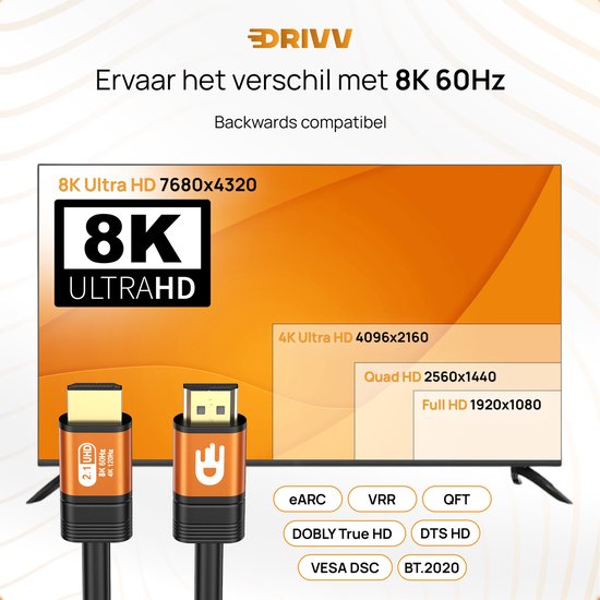 Drivv. Premium HDMI Kabel 2.1 - Ultra HD - 8K 60Hz - 4K 120Hz - Geeignet für Xbox Serie X & PS5 - 1 Meter - Orange