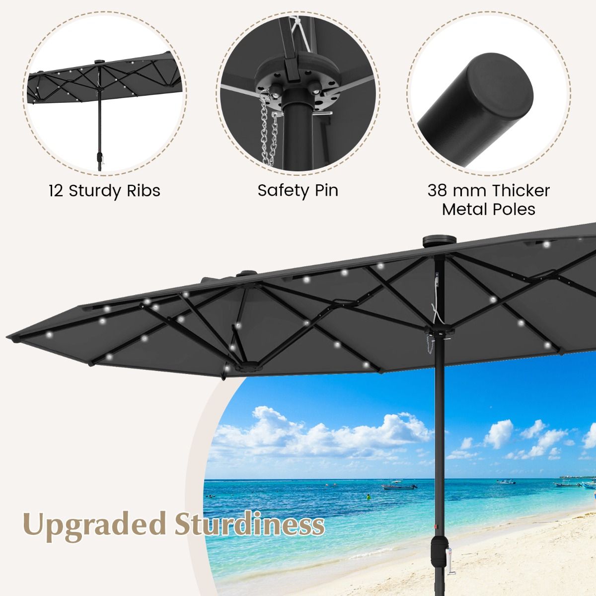 Coast Doppel-Gartenschirm mit solarbetriebenem LED-Licht – 400 x 200 cm – Grau