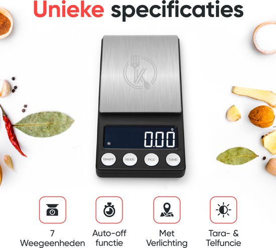 Kitchenwell digitale Mini-Präzisionsküchenwaage - 0,01 bis 500 Gramm - 14,2 x 7,5 cm - batteriebetriebene Taschenwaage - Küchenwaage