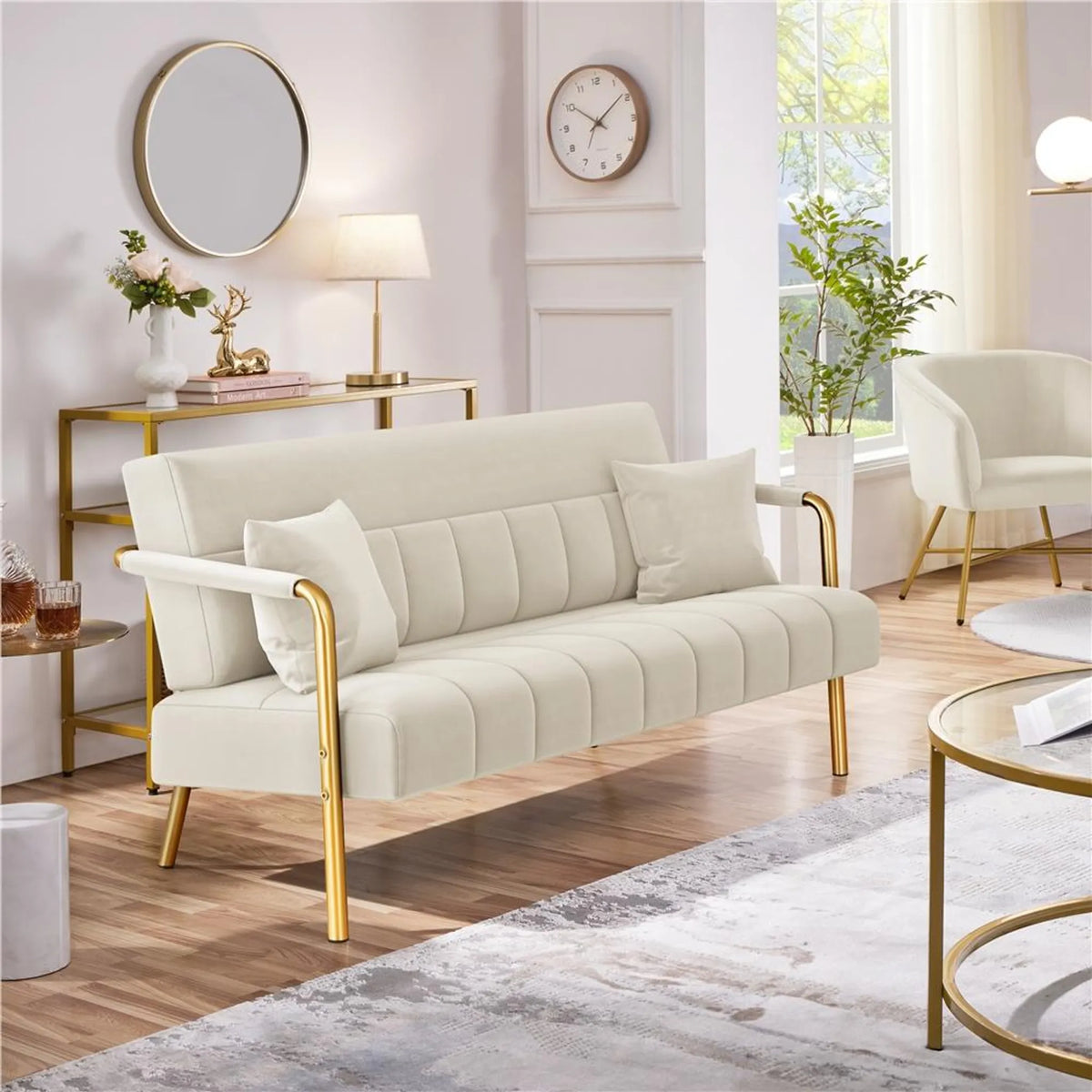 2-Sitzer-Stoffsofa mit Armlehnen und Metallbeinen, beige, 143,5 × 71,5 × 75,5 cm