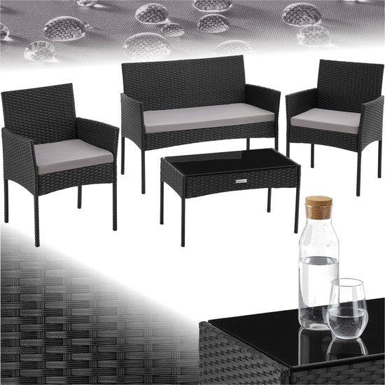 tectake® - Geflecht-Gartenset Palese - Sitzgruppe für 4 Personen - Gartenmöbel-Set mit Loungebank, Gartentisch und 2 Gartenstühlen inklusive Sitzkissen - Gartenmöbel - Wasserfest - Schwarz