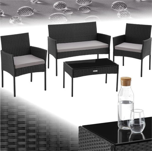 tectake® - Geflecht-Gartenset Palese - Sitzgruppe für 4 Personen - Gartenmöbel-Set mit Loungebank, Gartentisch und 2 Gartenstühlen inklusive Sitzkissen - Gartenmöbel - Wasserfest - Schwarz