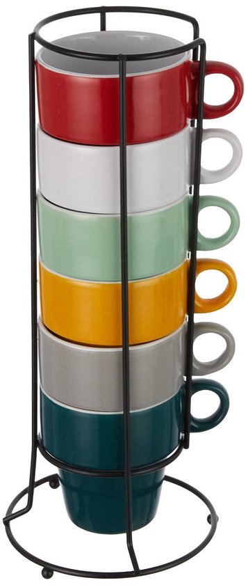 Secret de Gourmet Kaffeetassen/Becher Colorama – 6 Stück im Metallständer – Keramik – glänzende Oberfläche – 260 ml – 8 x 9 cm