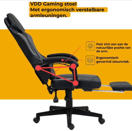 VDD Gaming-Gaming-Stuhl mit Massagefunktion – Schwarz/Grau – 70 x 70 x 125 cm – Verstellbar, Fußstütze, 150 kg