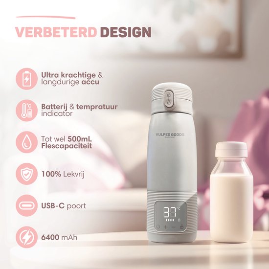 Vulpes Goods® BabyCare - Thermosflaschenwärmer für unterwegs - 500ML - Flaschenwärmer - Edelstahl - 6400 mAh - 500ML - Wiederaufladbar - Kabellos & tragbar - Für alle Arten von Babyflaschen - mit Wärmespeicherung - Babynahrung - PRO V2