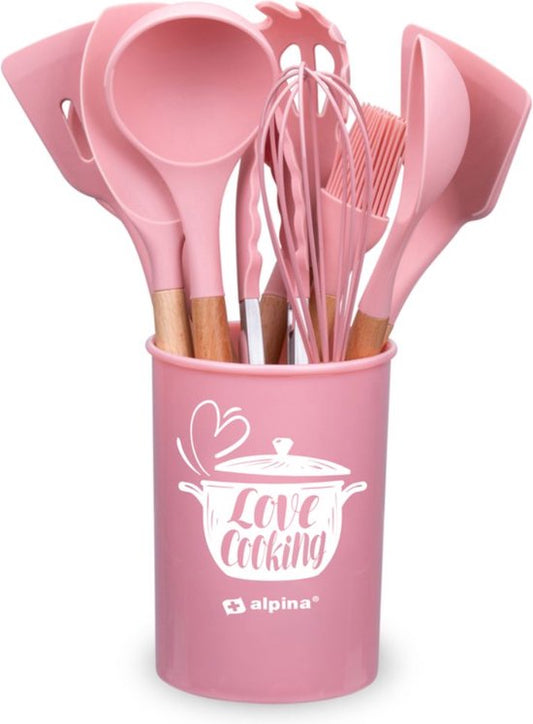 alpina Küchenutensilien-Set mit Halter – 12-teilig – Silikon-Utensilien mit Holzgriff – Rosa