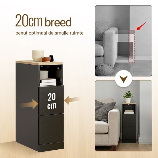 SoBuy Schmaler Nachttisch, schlanker Beistelltisch mit 2 Schubladen und offenem Fach, für Wohnzimmer, Schlafzimmer oder Büro, 20 x 35 x 60 cm, schwarz, FBT149-SCH