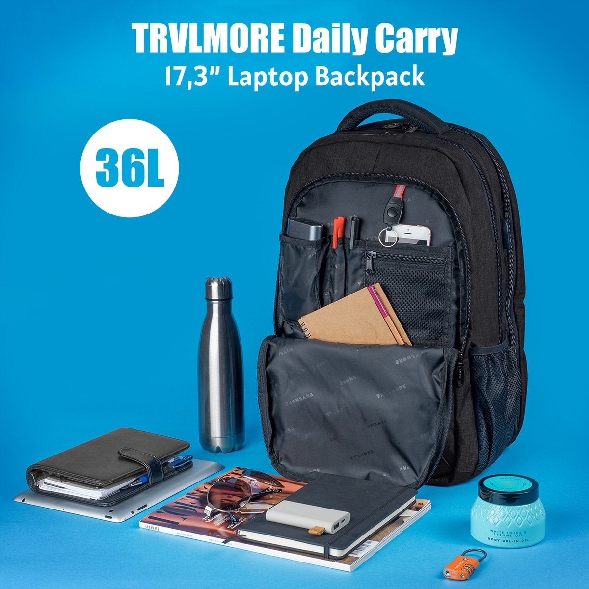 TRVLMORE Rucksack - 36L - 17.3 Zoll - Laptop-Rucksack - Schultasche - Unisex - Spritzwassergeschützt Schwarz