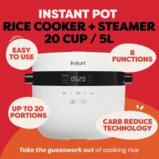 Instant Pot Reiskocher & Dampfgarer 4,8 l – 8 Programme – Slow Cooker – Anbraten – CarbReduce-Technologie – Bis zu 20 Portionen – Mehrkorn