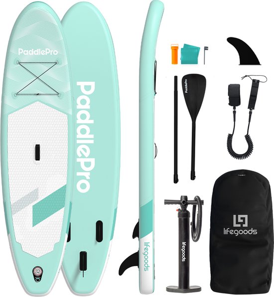 LifeGoods SUP Board All-round Compact - 100 KG Belastbarkeit - 300 x 76 cm - Aufblasbar - SUP-Komplettpaket - Mintgrün