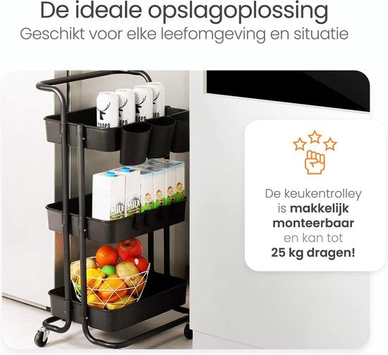 Goliving Küchenwagen auf Rädern - Servierwagen - Küchenwagen - Mit Haken und Tabletts - Mobil und feststehend - 3 Ebenen - Schwarz