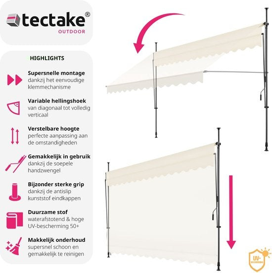 tectake - Klemmmarkise - Sonnenschirm - Markise - Verstellbar - Klemmmarkise - Sonnenschirm Balkon - 350 x 180 cm - beige - Markise - 404966