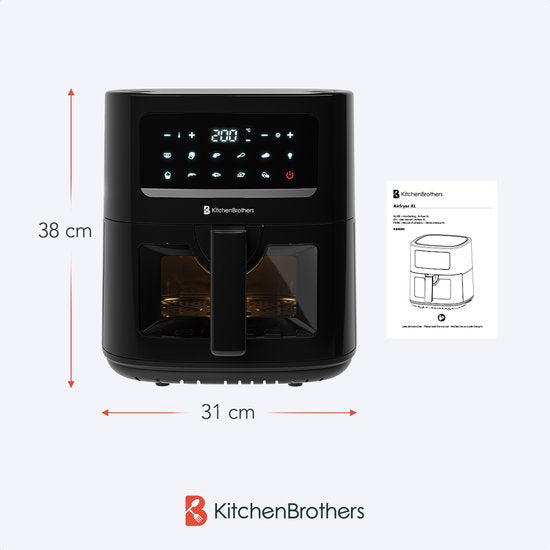 KitchenBrothers Airfryer XL - 6L - 1600W - Heißluftfritteuse - 50ºC bis 200ºC - 10 Kochprogramme - Schwarz