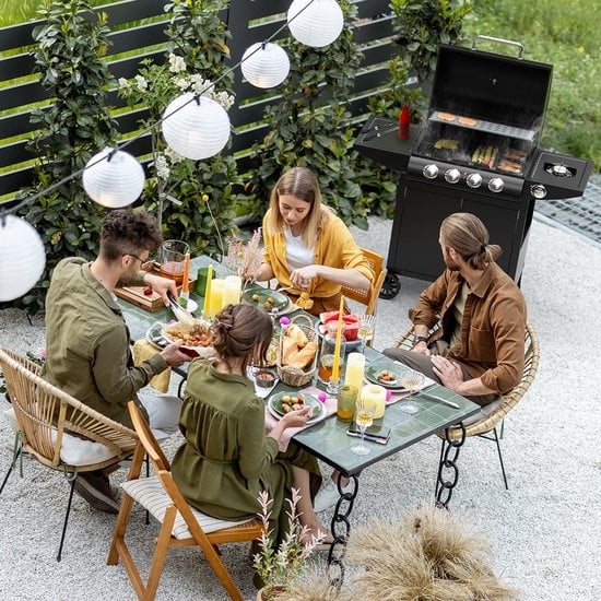 KitchenBrothers Gasgrill - mit Seitenbrenner - 5 Brenner - Mit Gasanschluss - 42x57cm Grillfläche - Schwarz