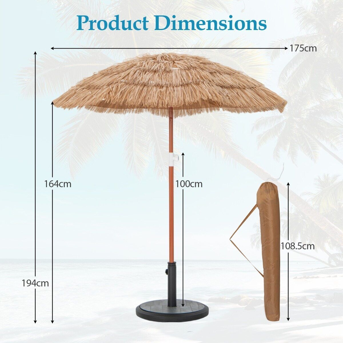 Coast Hawaii Sonnenschirm-Set – Neigbarer Strandsonnenschirm – Rattan-Optik – Inklusive Tragetasche – 175 cm – Beige