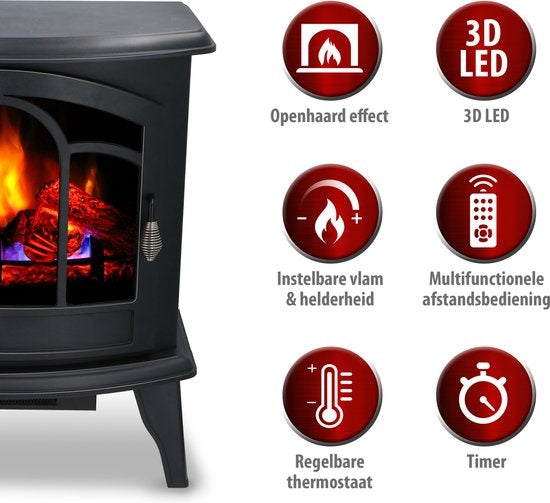 Alpina Electric Vicenza - Atmosphärischer Kamin - Fernbedienung und Timer - LED Flammen - 2000W - Schwarz - Mit Heizung
