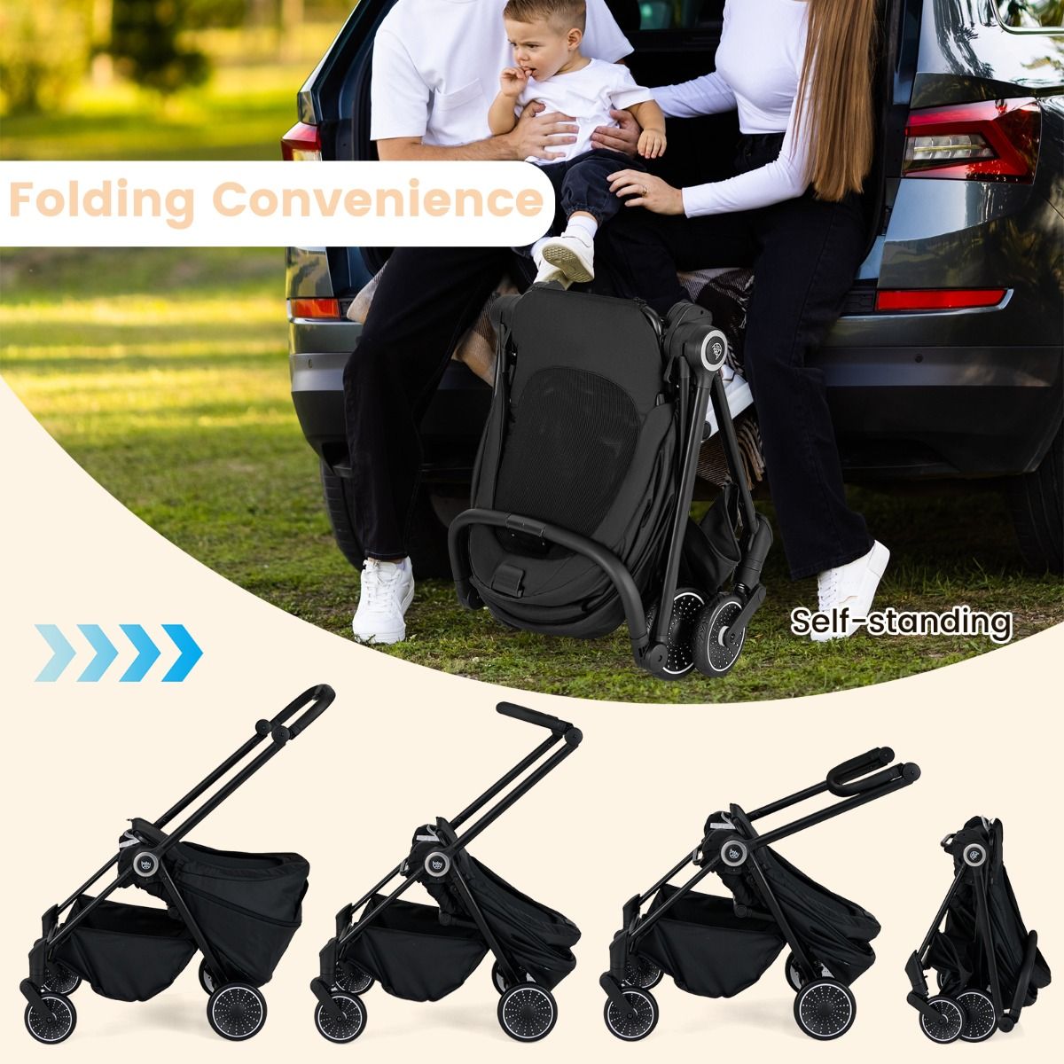 Coast Faltbarer Kinderwagen 94x51x102 cm Schwarz mit umkehrbarem Sitz, verstellbarer Rückenlehne und Verdeck