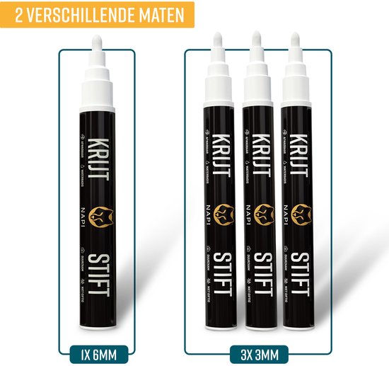 NAPI 4 Kreidemarker weiß - abwaschbar - Fenstermarker 3 & 6mm - Kreidemarker für Tafel & Fenster - Whiteboardmarker - Whiteboardmarker - Glasmarker - Kreidemarker - Porzellan - Glas - Inkl. 20 Sticker