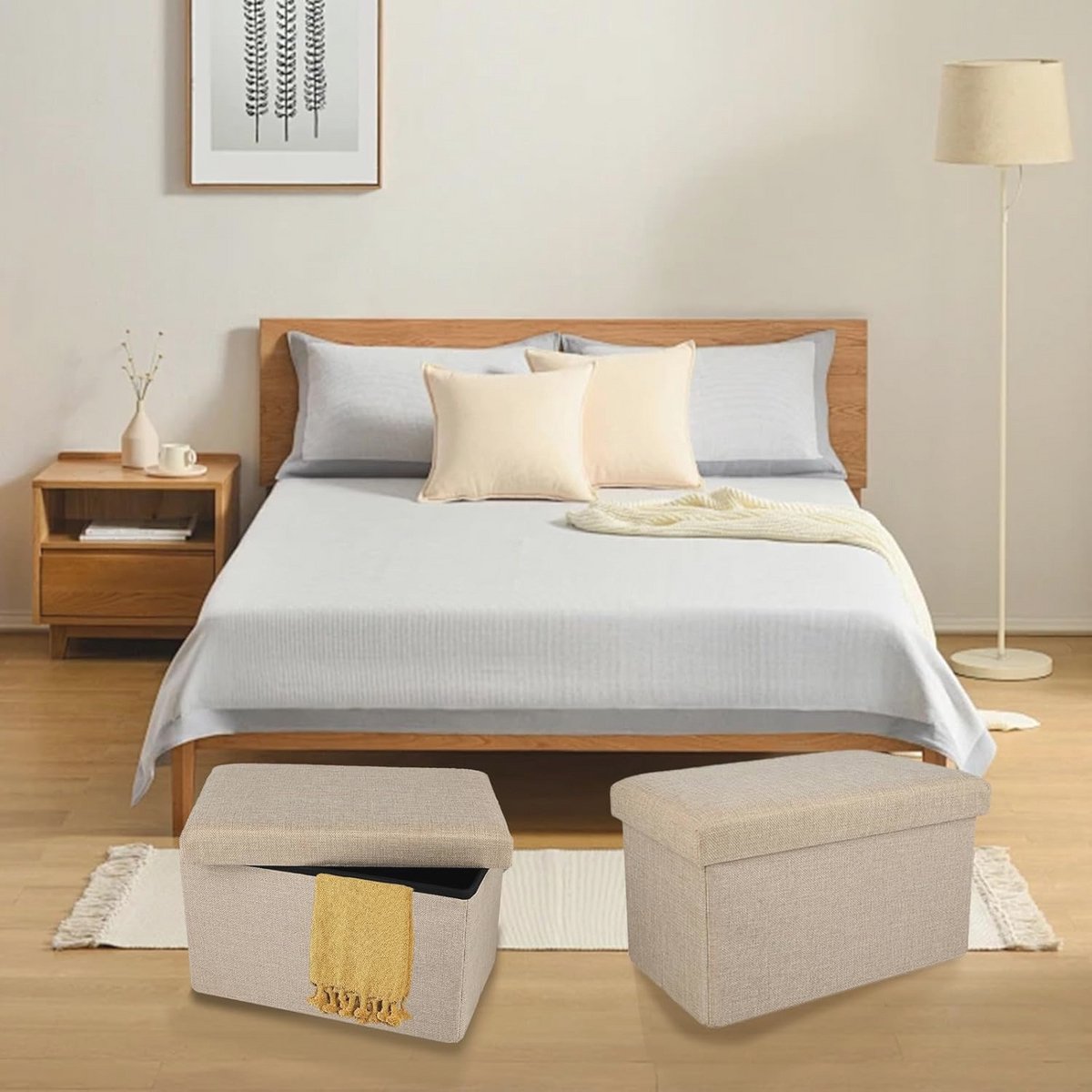 Ceruzo faltbarer Doppelsitzhocker mit Ablage - beige - 76 × 38 × 38 cm - Polyester/mdf