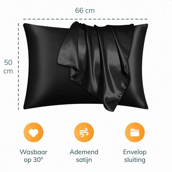 Satin Kopfkissenbezug - 50x70 - Inkl. Haube und Schlafmaske - Schwarz - Satin - Seide - Schönheit - Seide - Weich - Satin - Nussbaumseide
