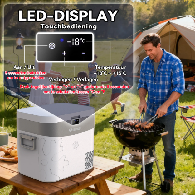 Bingi Mini-Kühlschrank für das Auto, 22 l – Kompressor – 12 V/24 V/230 V – -18 °C bis 15 °C