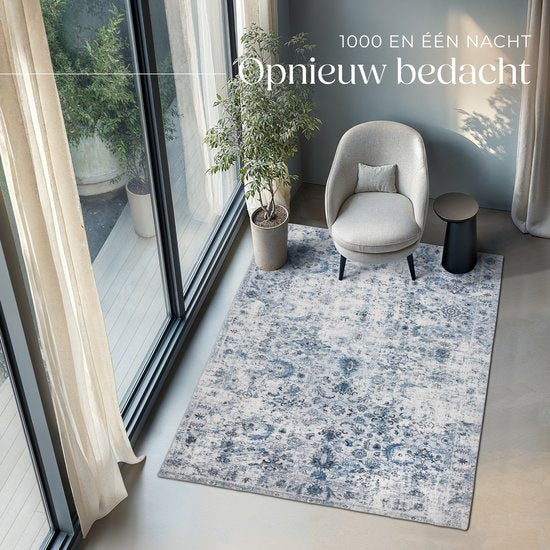 tectake® Teppich im Vintage-Design - Niederflorteppich - Boho-Teppich - Für Wohnzimmer, Schlafzimmer, Kinderzimmer oder Jugendzimmer - Waschbar - 200cm x 274cm - blau