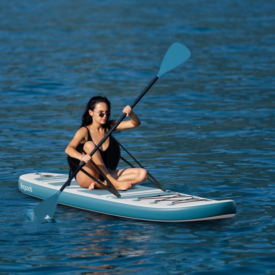 LifeGoods PaddlePro SUP Board - mit Sitz - Aufblasbares Paddle Board - Komplettset - Max. 135KG - 320x81cm - Weiß/Tief Aqua