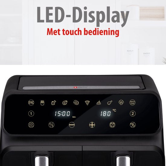 alpina Doppel-Airfryer XXL – Heißluftfritteuse 2x4 l – Airfryer mit digitalem Touchscreen – Heißluftofen für 6 Personen und mehr – 8 Kochprogramme – Sync-Modus – Timer-Funktion