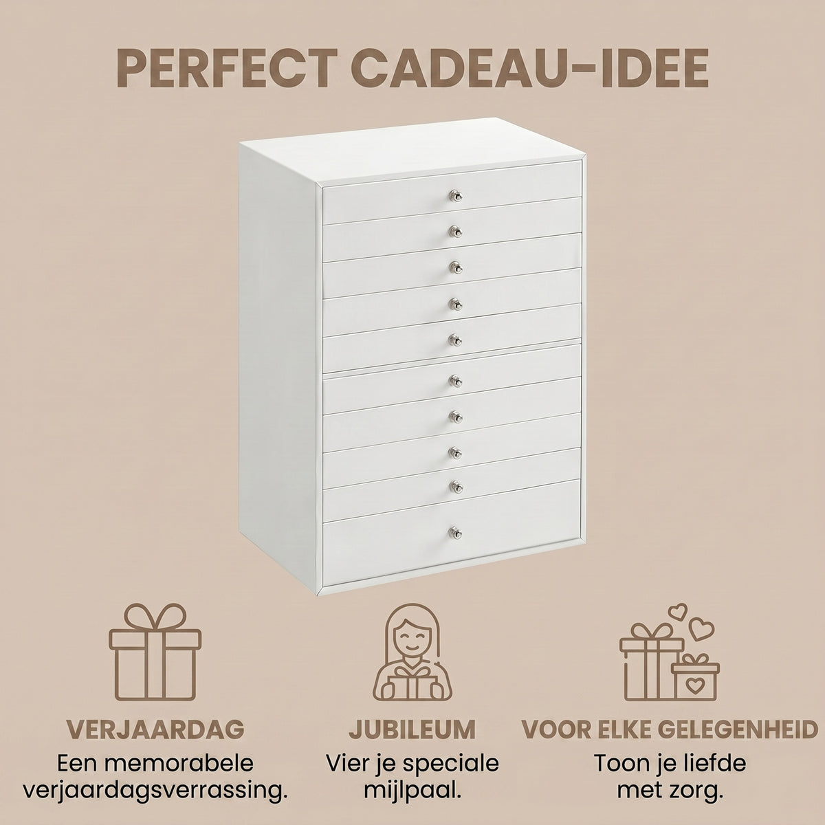 JOYFURNOS Schmuckorganizer mit Schubladen, große Aufbewahrungsbox, moderne Geschenkidee für das Schlafzimmer, 10 Ebenen, weiß