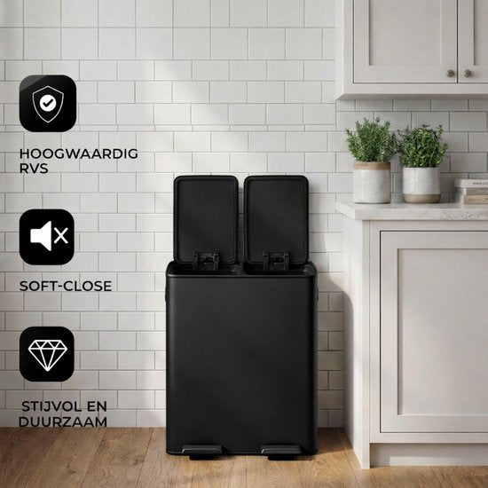Bayt Mülleimer - Mülleimer 60 Liter (2x30) - Mülleimer 60 Liter - Treteimer 60 Liter - Mülleimer Mülltrennung - Mülleimer 2 Fächer - Mülleimer - Edelstahl - Schwarz