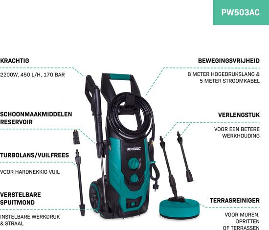 VONROC Hochdruckreiniger - 2200W - 170 bar - 450 l/h - Inkl. 8m Schlauch - Schwarz/Grün