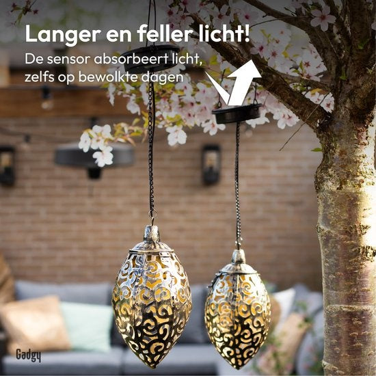 Gadgy Solar hängende orientalische Laterne Set 2pcs. - Bronze - Metall - Solar Gartenbeleuchtung - Led Außenbeleuchtung mit Tag/Nacht-Sensor - Gartenlaterne