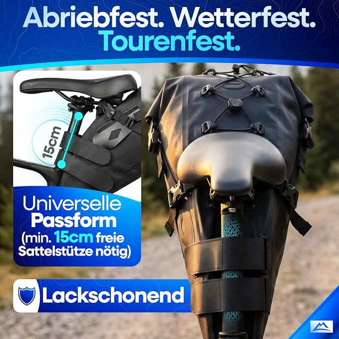 Nextcover Bikepacking-Satteltasche 12 l – AquaShield TPU – Wasserdicht – Schwarz