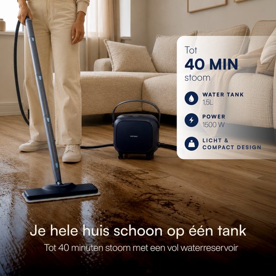 Samako Halo Dampfreiniger 1500 W – Bodenreiniger mit einstellbarer Dampfleistung – 15 Zubehörteile – 40 Min. Dampfreinigung – Fugenreiniger für Bad und Küche – Blau