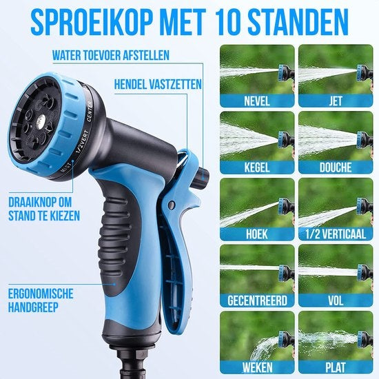 Strex Flexibler Gartenschlauch 15 m mit Sprinklerkopf - ausziehbar - inkl. Kupplungen, Aufhängehaken und Aufbewahrungstasche