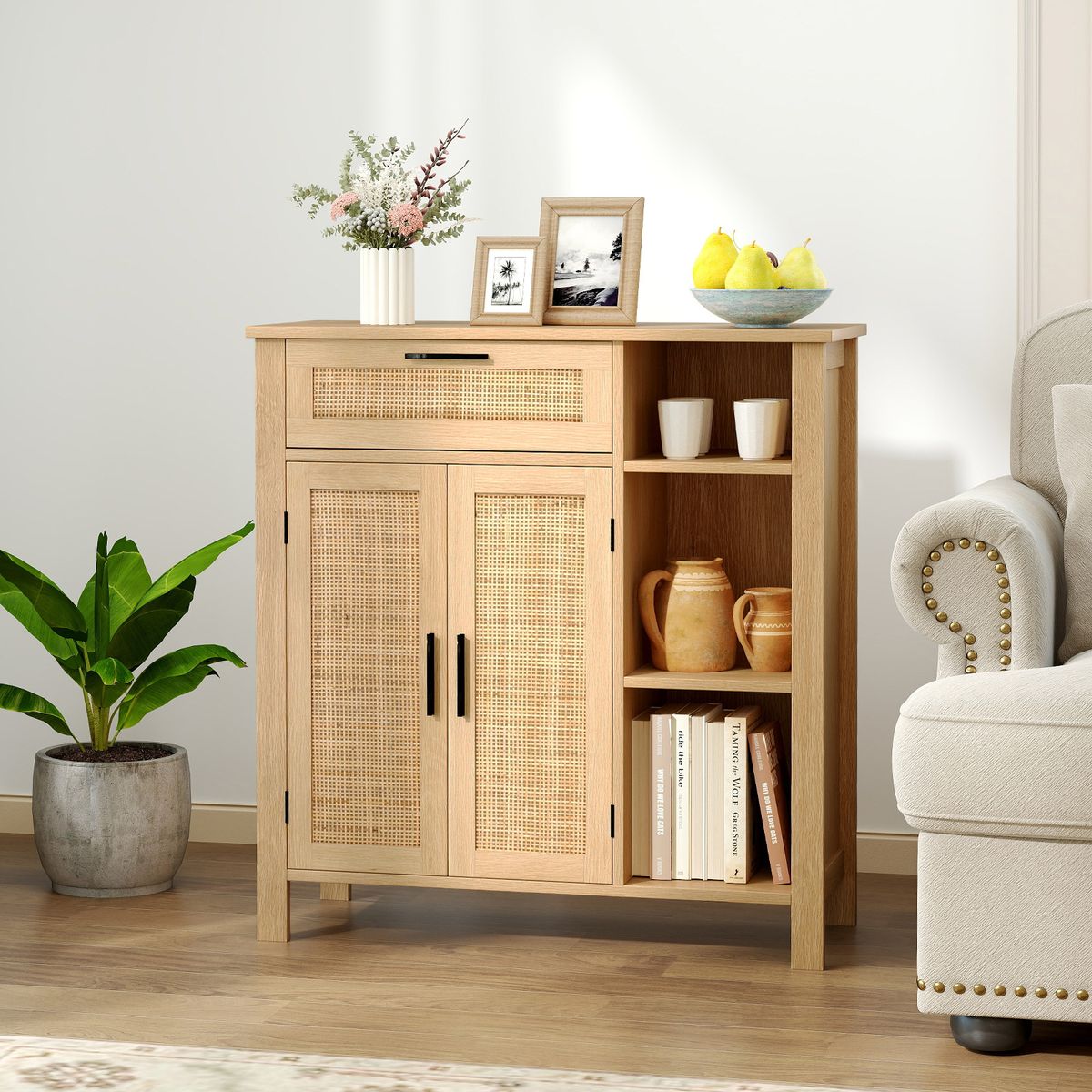 Coast Holzkommode – Türen und Schublade aus Rattan – Verstellbares Regal – Naturfarben 75 x 30 x 80 cm