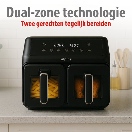 alpina Doppel-Airfryer XXL – Heißluftfritteuse 2x4 l – Airfryer mit digitalem Touchscreen – Heißluftofen für 6 Personen und mehr – 8 Kochprogramme – Sync-Modus – Timer-Funktion