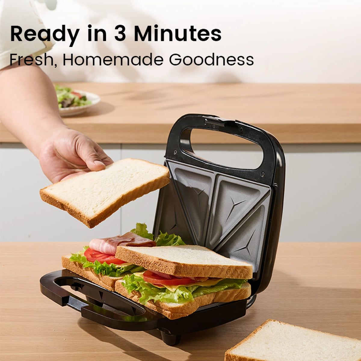Ochama Sandwichmaker 750 W – Doppelte Grillplatten – Knusprige Toasts – Antihaftbeschichtung – Schwarz